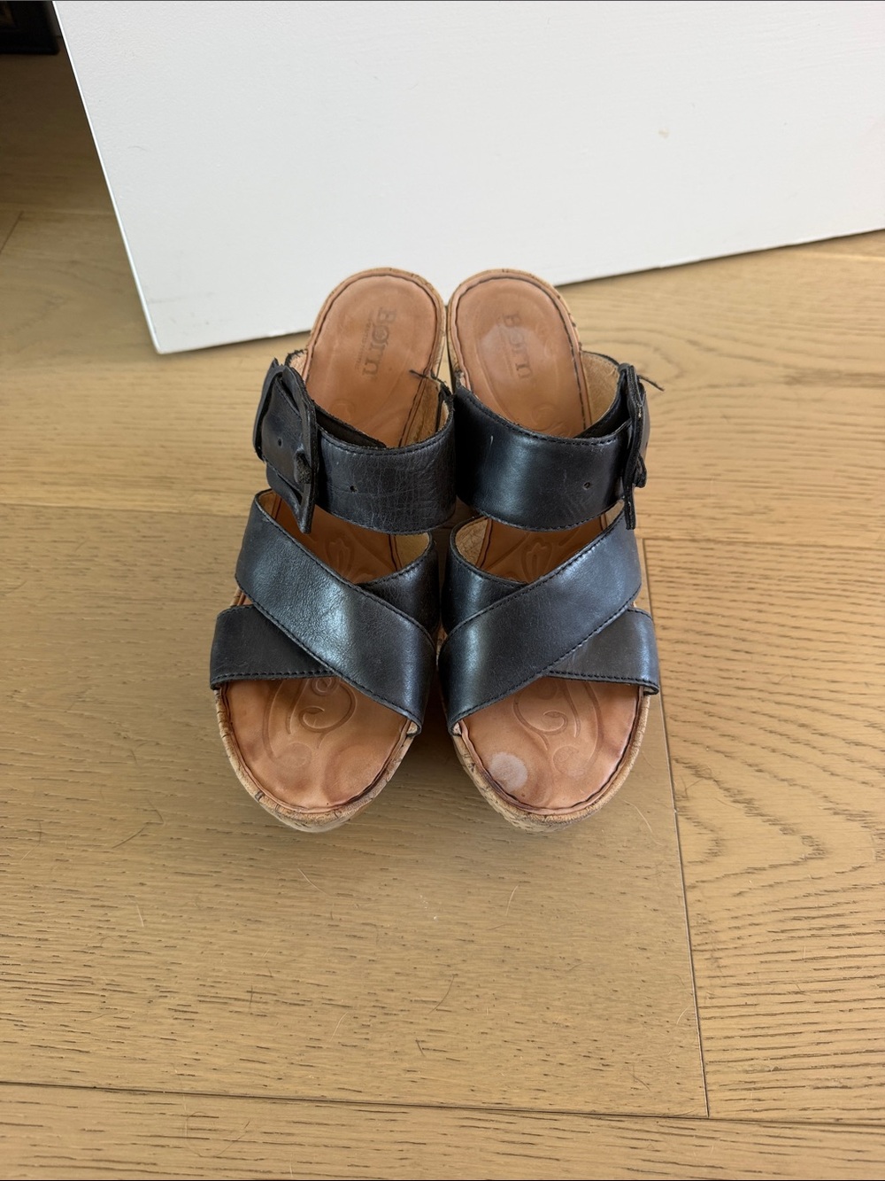 Black Leather Strappy Wedge Born Sandals